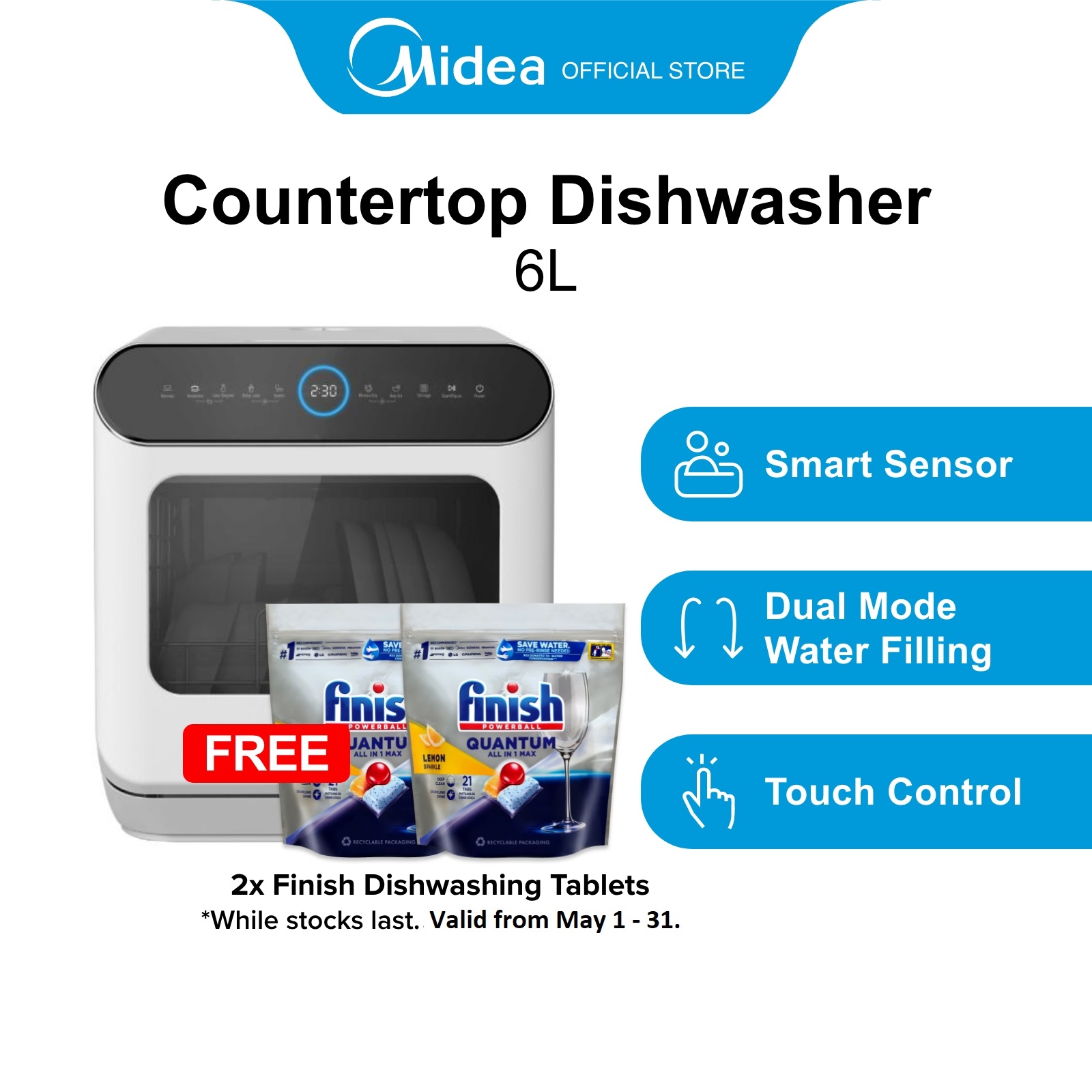 Midea MDWS-2703 White Health Washing Mini Plus Dishwasher, 6L