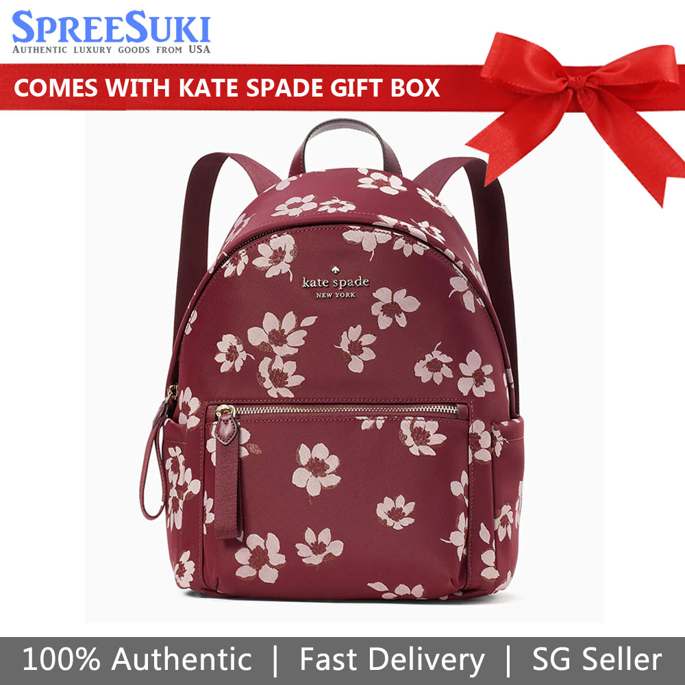 Kate Spade Backpack In Gift Box Medium Backpack Chelsea The Little Better Dancing Blooms Deep Berry Red # K9384