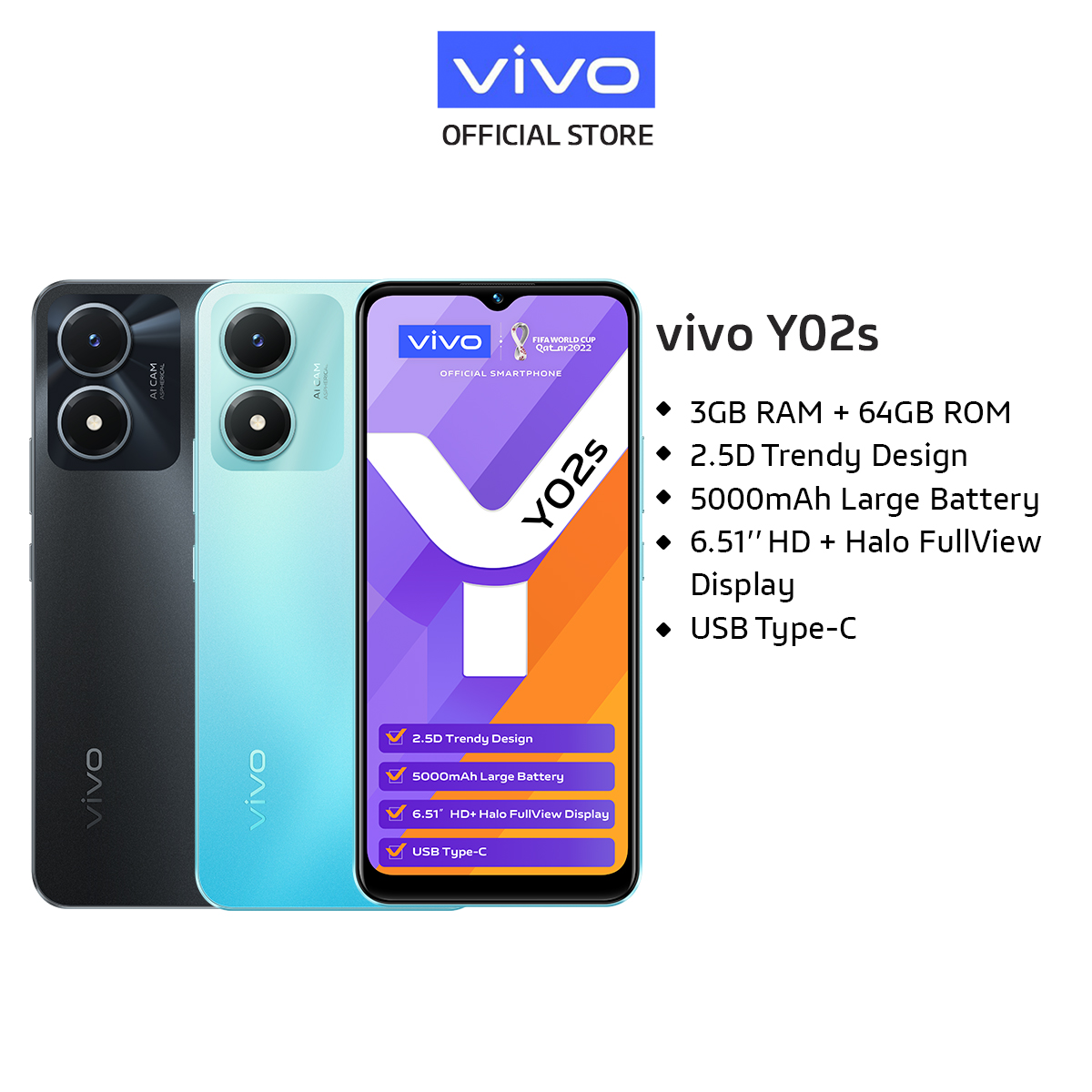 vivo Y02s  [3GB + 64GB 5000mAH Battery + 18W / 6.1" HD + Halo Full View / 2.5D Trendy Design