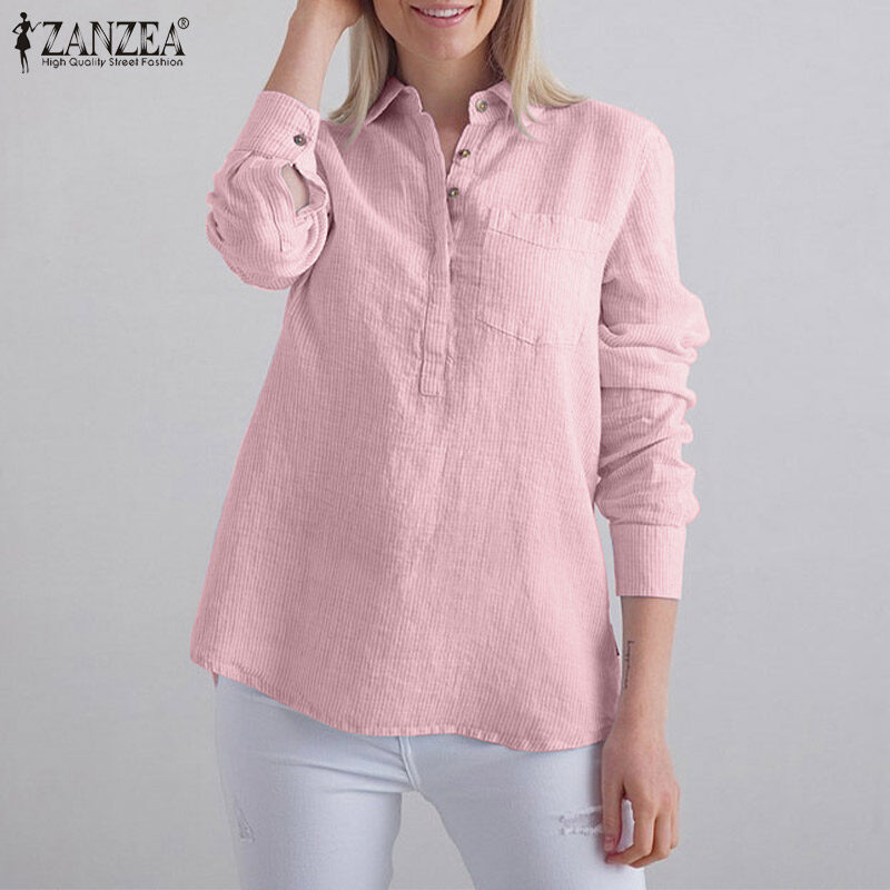 ZANZEA Women Striped Collared Long Sleeve T-Shirts Blouse Casual Work Shirt Loose Tops #15